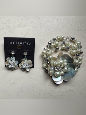The Limited Shell, Pearl, Rhinestone, and Bead Bracelet and Earrings Set